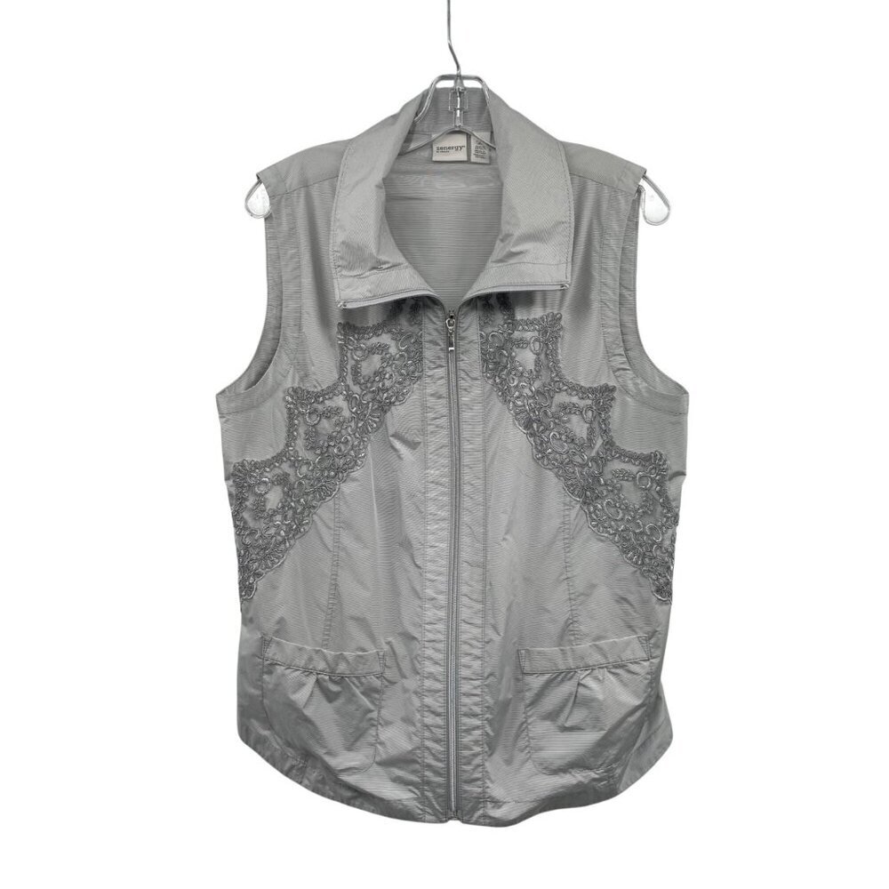 Zenergy by Chico's Lightweight Vest Striped Lace Full Zip Gray/White Size Large